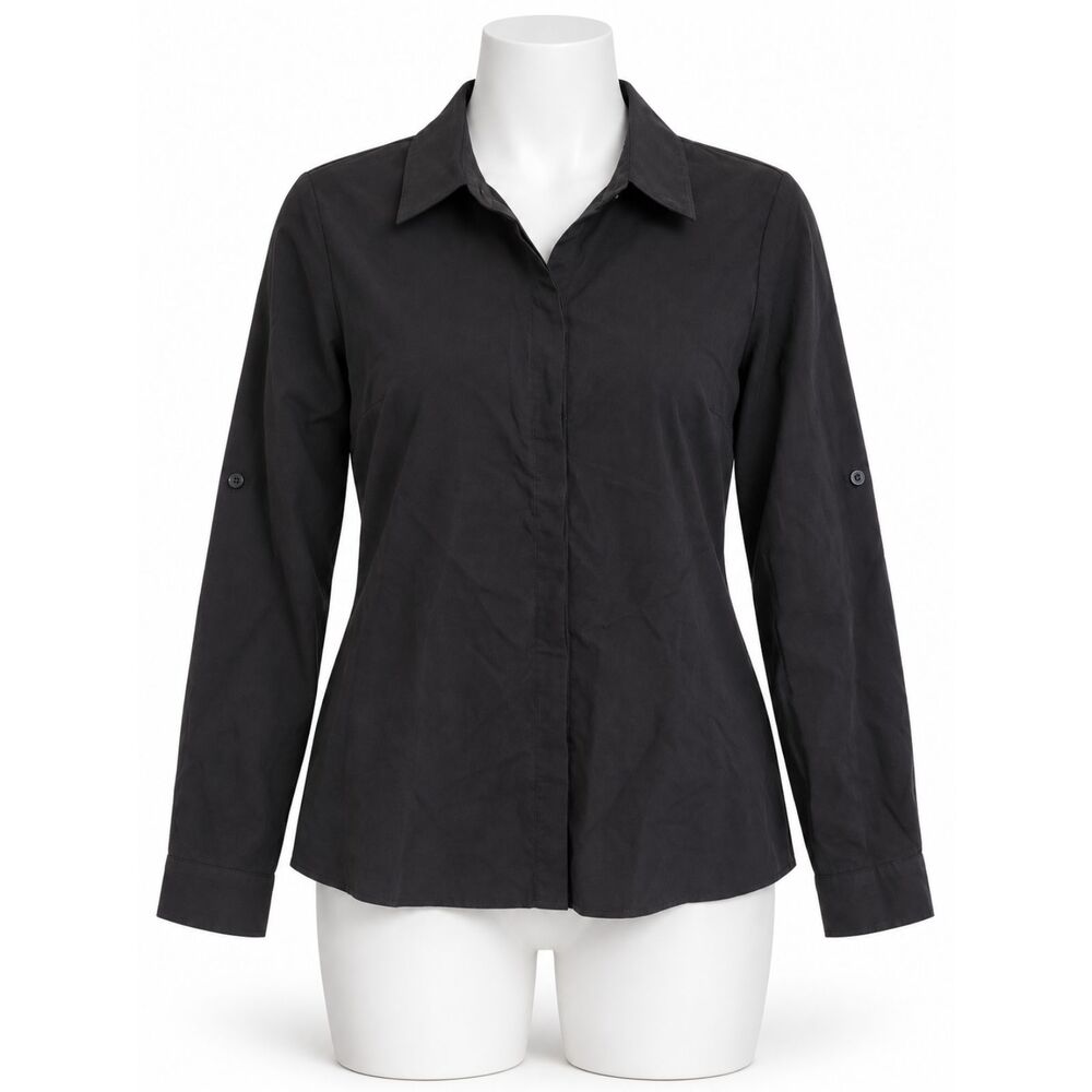 Women’s Black Button Front Blouse Size M Roll Tab Sleeve Collared Career Shirt